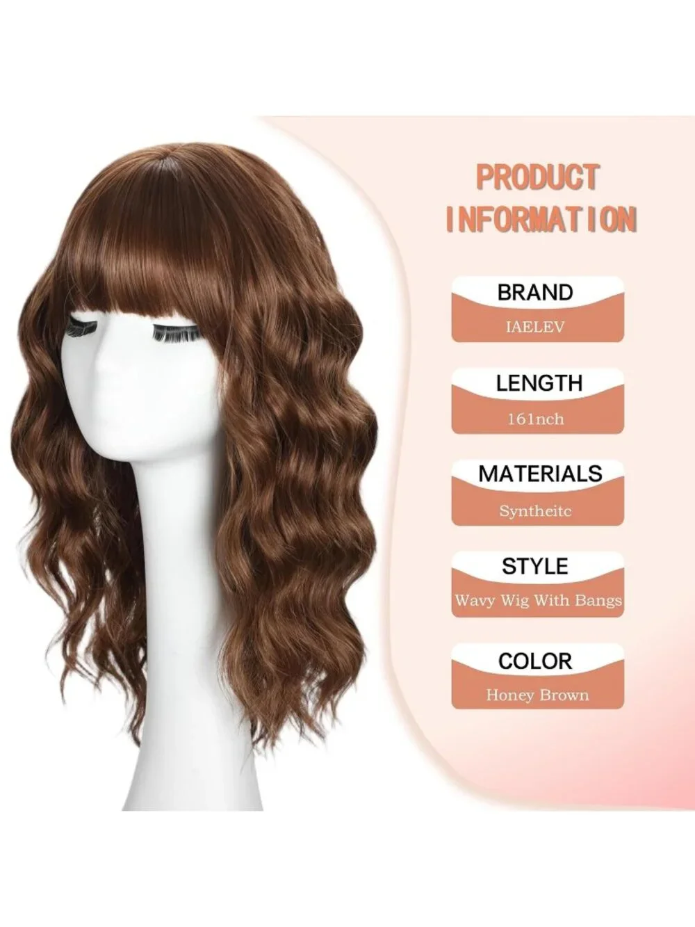 Women's Honey Brown 16 Inch Wavy Wig Bangs Shoulder Length Synthetic Hair
